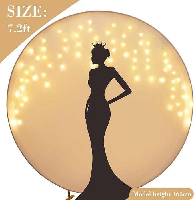 7.2 FT White Round Backdrop Cover with Lights String for Circle Arch Stand Circle Backdrop Cover with LED Fairy Lights for Wedding Arch Baby Shower Birthday Party Photo Shoot Photography Background