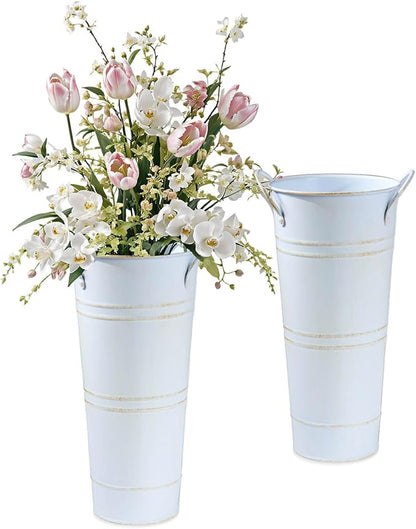 9 Inch Galvanized Metal Vases for Flowers - 2 Pcs Farmhouse Decorative Tall Flower Bucket with Handles, Rustic French Tin Planter Buckets for Wedding Decor (Vintage White)