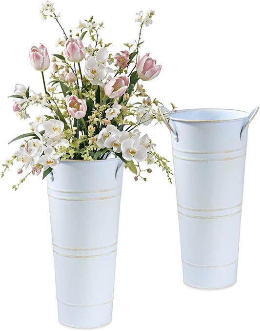 9 Inch Galvanized Metal Vases for Flowers - 2 Pcs Farmhouse Decorative Tall Flower Bucket with Handles, Rustic French Tin Planter Buckets for Wedding Decor (Vintage White)