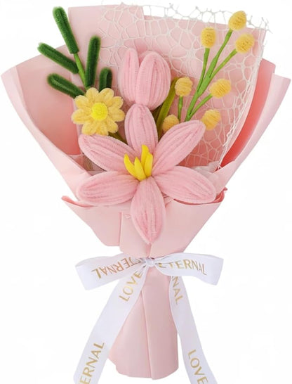 Hand-Woven Flower Bouquet Finished（1pcs） for Women Girlfriend Birthday Gift Wedding Decoration Crochet Artificial Flower, Bouquet Gift (Pink-Y)