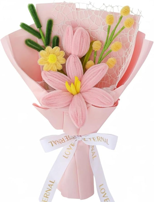 Hand-Woven Flower Bouquet Finished（1pcs） for Women Girlfriend Birthday Gift Wedding Decoration Crochet Artificial Flower, Bouquet Gift (Pink-Y)