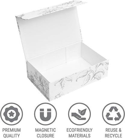 Luxury Keepsake Gift Box 3-Pack | Silver Floral Decorative Boxes with Magnetic Lids for Presents, Wedding Memory Box, and Bridal Gifts. 11.5" x 7.5" x 3.5"