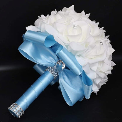 Wedding Bouquet, Blue Bouquet for Bride Bridesmaid with Diamond Soft Ribbons, Artificial Rose Bridal Holding Flowers for Party Church