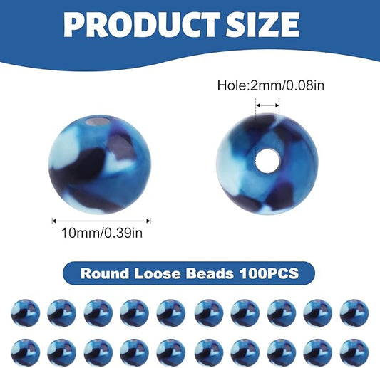 100 PCS 10mm Resin Beads Bulk for Bracelet Making Kit, Blue Round Loose Beads for Jewelry Earring Necklace Rings DIY Art Craft Projects Ornament Gifts
