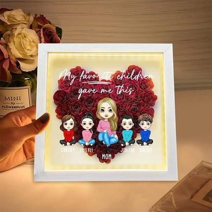 Personalized Mom Flower Shadow Box with LED Light Custom Heart Shaped Rose Flower Shadow Box Frame Mother's Day Mother and Daughter Portrait Shadowbox Memory Gifts for Mom from Daughter Birthday