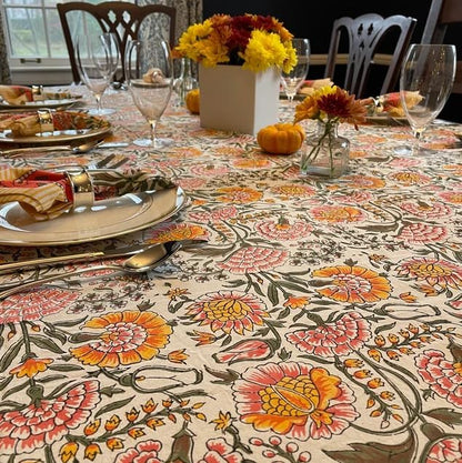 ATOSII Clover Yellow 100% Cotton Rectangle Fall Tablecloth, Handblock Floral Print Linen Table Cloth for Kitchen Dining I Parties, Outdoors, Christmas, Thanksgiving I 72 X 120 Inches I 10 Seater