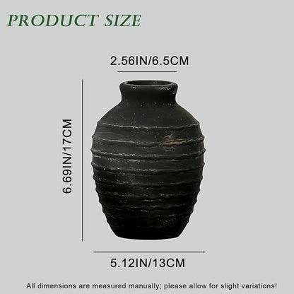 Ceramic Vase, 6.7 inch Ribbed Textured Minimalist Rustic Farmhouse Terracotta Vase for Home Decor, Table, Living Room, Entryway, Shelf, Mantel Decoration (Black)