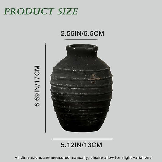 Ceramic Vase, 6.7 inch Ribbed Textured Minimalist Rustic Farmhouse Terracotta Vase for Home Decor, Table, Living Room, Entryway, Shelf, Mantel Decoration (Black)
