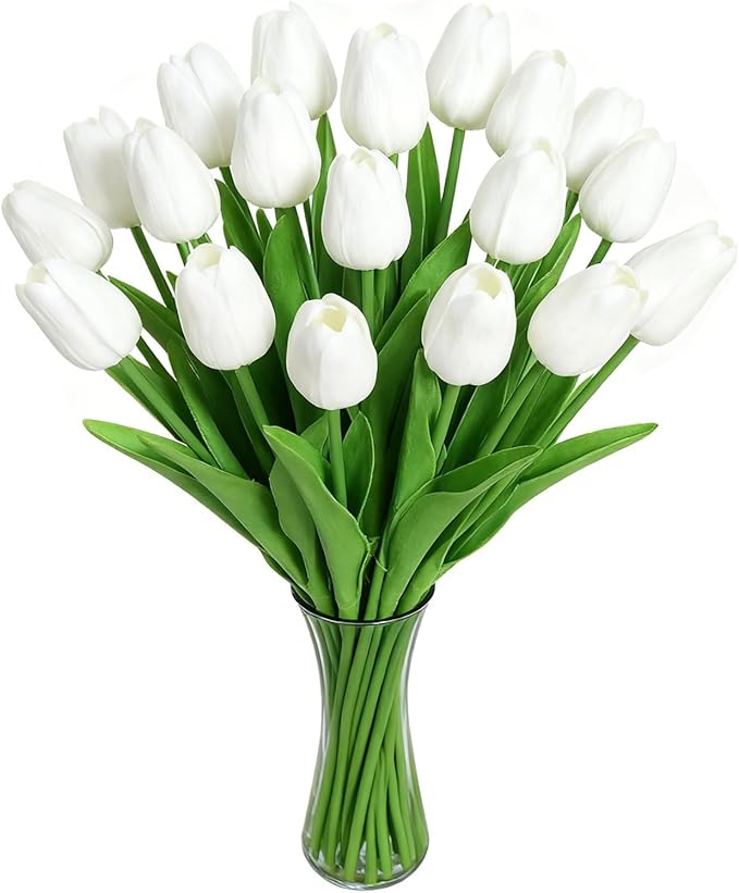 White Faux Tulips (20 Pcs) - Premium PU Artificial Flowers for Christmas & Thanksgiving Table Setting, Winter DIY Home Decor - 13.5" Real Touch