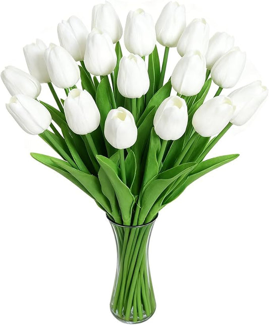 White Faux Tulips (20 Pcs) - Premium PU Artificial Flowers for Christmas & Thanksgiving Table Setting, Winter DIY Home Decor - 13.5" Real Touch