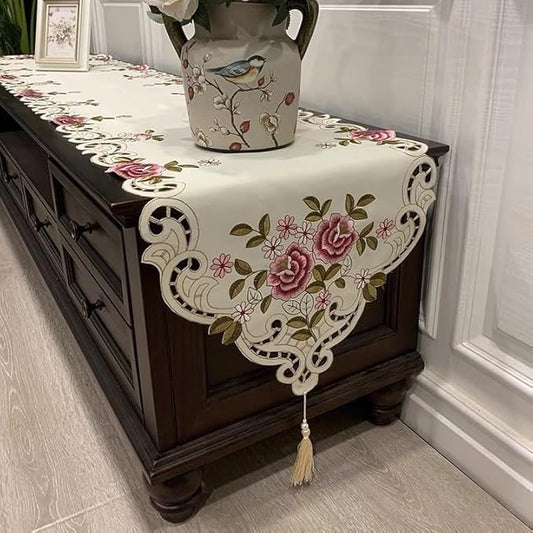Embroidered Table Runner with Rose Pattern, Cutwork Design, 16x79 inches