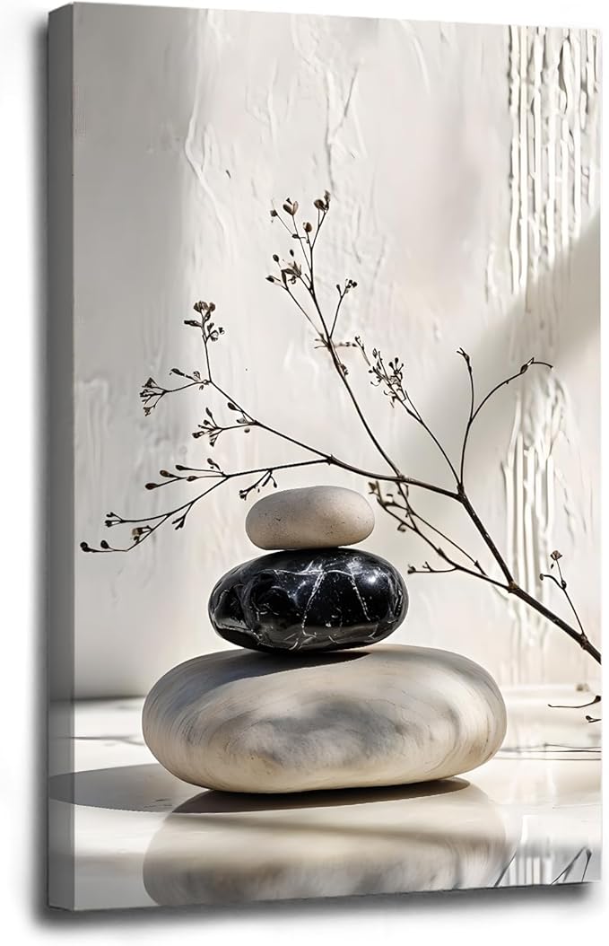 Gray and black stone pile and dried flowers poster canvas wall art in harmony Minimalist wall art for tranquil homes and mindful spaces 24x36in Wood Framed