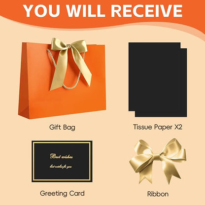 JMANNI 1PCS Large Gift Bag with Ribbon and 1 Greeting Card 2 Tissue Papers, Portable Paper Gift Bag with Handles, Birthday Present Bags for Wedding Party,Mothers Day12.6" x 9.8" x 3.9"(Orange