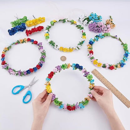 INFUNLY 12Sets DIY Flower Crowns Making Kit Fairy Flower Headbands and Bracelets Make Your Own Flower Wreath Handmade Floral Garland Kit Floral Crowns Head Hair Accessories for Wedding Birthday Party