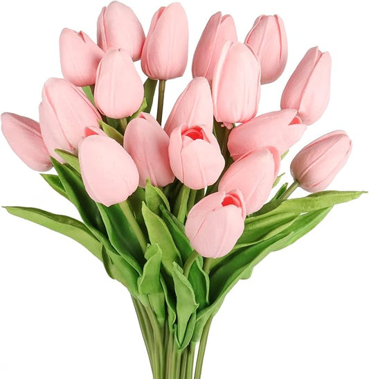 DEEMEI Tulips Artificial Flowers 20 Pcs Pink Fake Tulip Stems Real Touch PU Tulips for Easter Spring Wedding Bouquet Home Centerpiece Floral Arrangement Table Décor
