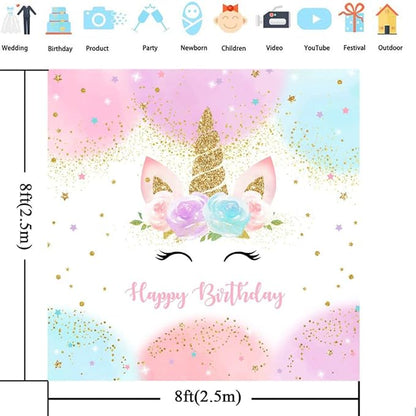Mocsicka Unicorn Birthday Decorations Unicorn Backdrop for Girls Birthday Party 8x8ft Pastel Rainbow Unicorn Glitter Stars Dots Happy Birthday Banner Photo Booth Props