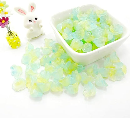 LadayPoa 100pcs Glass Bellflower Beads for Jewelry Making Trumpet Flower Beads Gradient Clear Cute Beads for Bracelets Making Aesthetic Bead Charms for DIY Necklace Decoration-Yellow Green