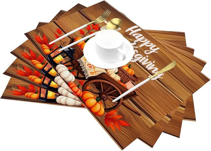 PVC Placemats Set of 4 Wipeable Table Mats Washable Heat Resistant Non Slip Vinyl Dining Table Mat for Kitchen Indoor Outdoor Patio Farmhouse Place Mats Thanksgiving Pumpkin Cart Decorative