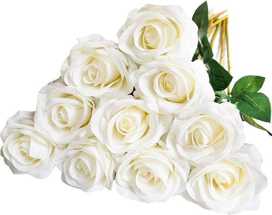 DuHouse 10pcs Fake Roses Artificial Silk Flowers Faux Rose Flower Long Stems Bouquet for Arrangement Wedding Centerpiece Party Home Kitchen Decor(Ivory-White Long Stem)
