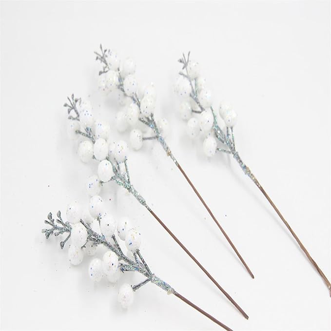 24Pack Christmas Picks Glitter Berries Stems Artificial White Berry Branches Holly Picks Stems Christmas Tree Ornaments for DIY Xmas Wreath Crafts Gifts Holiday Home Decor (White)
