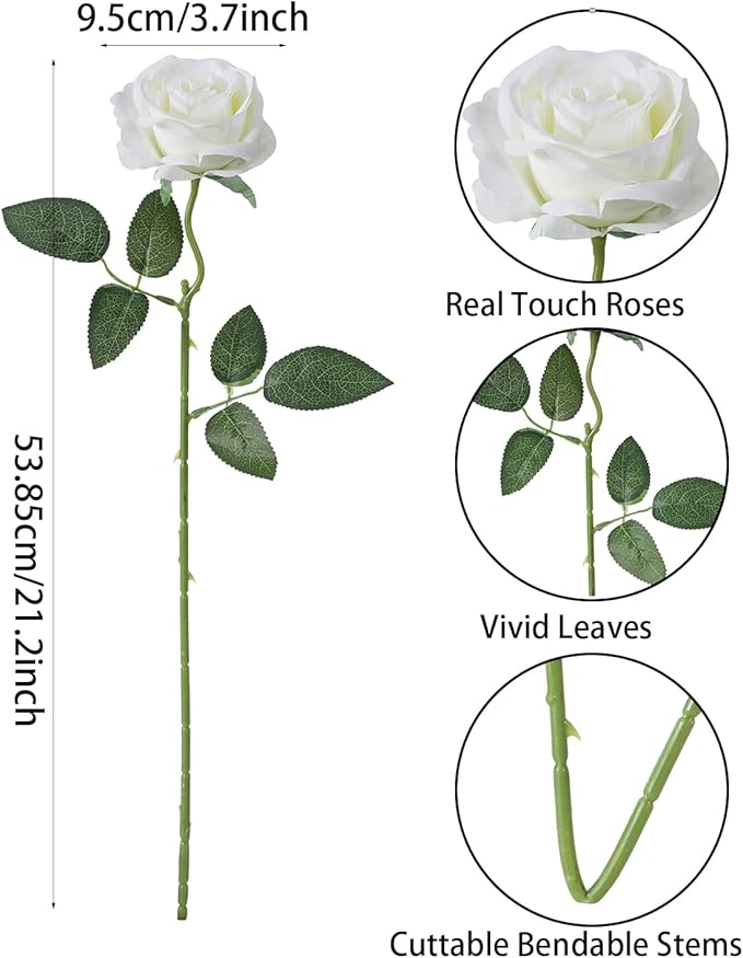 LFF 10pcs Silk Roses Artificial Flowers Fake Long Stem Roses for DIY Wedding Bouquet Home Decoration (Ivory)