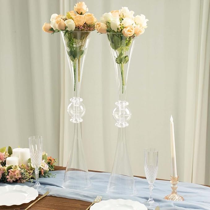 Efavormart 2 Pack | 27" Clear Crystal Embellishment Trumpet Table Centerpiece, Reversible Plastic Flower Vase