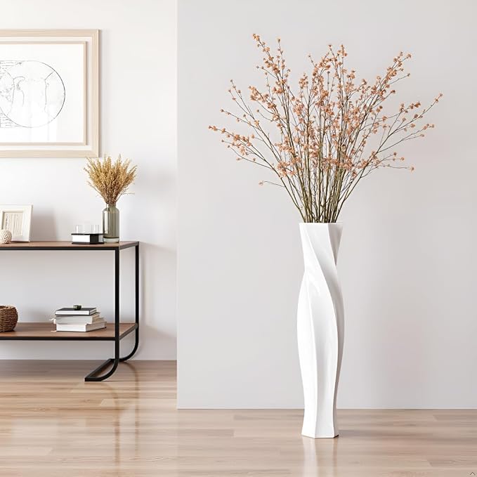 Tall Vases - 23.6" Tall Floor Vase for Home Decor, Floor Vases, Black Hexagon Twist Floor Vase, Fits Into Hay/Pampas Grass, Living Room, Office, Wedding Decor (White)