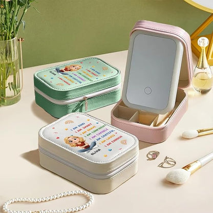 Wrappiness Girls & Women Lovely Makeup Box With LED Mirror - Personalized Jewelry Box Organizer Portable Ideal for Travel, Gift for Daughters Sisters Friends (Kind Smart Loved, Women)