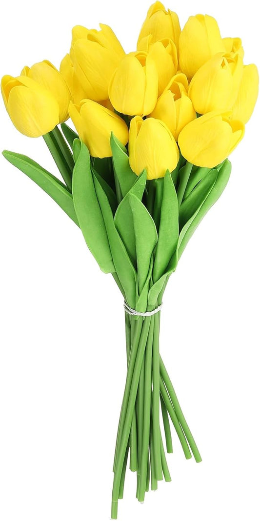 uxcell 20pcs Tulips Artificial Flowers, Faux Flowers Silk Fake Tulip Stems Real Touch for Wedding Bouquet Centerpiece Table Party Decoration(Yellow)