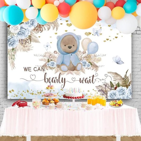 Boy We Can Bearly Wait Backdrop Boho Baby Shower Party Backdrop 8x6ft Blue Floral Boho Pampas Grass Bear Baby Shower Photography Background Birthday Party Background Cake Table Decor