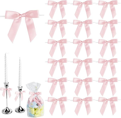 50 PCS Pink Twist Tie Bows 2.5" Satin Ribbon Bows Decor for Gift Wrapping Craft Treat Bags Cake Pop Basket, Wedding Baby Shower Birthday Party Favors