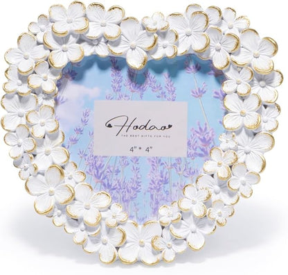 Hodao 4x4 Inch 3D Floral Heart Shaped Frame - Hand-Crafted Resin Picture Frame with White & Gold Accents for Wedding, Valentine’s Day & Romantic Home Decor (White Gold-Heart)