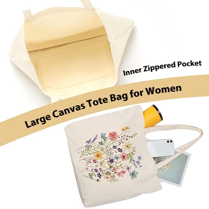Aesthetic Floral Canvas Tote Bag for Women with Pocket, Tote Bags for Grocery Shopping Travel Christmas Birthday