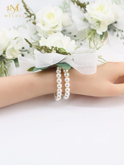 Meldel Wrist Corsage for Wedding, Set of 6, Elegant Artificial White Rose Pearl Wristband Wrist Corsage for Prom Homecoming Party, Perfect Accessories for Bride Bridesmaids, Mother of Bride and Groom