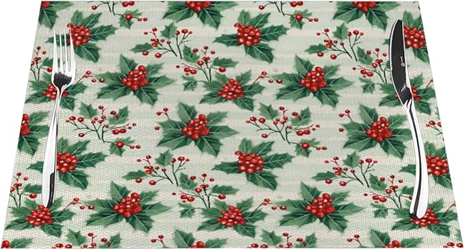 PVC Placemats Set of 1 Wipeable Table Mats Washable Heat Resistant Non Slip Vinyl Dining Table Mat for Kitchen Indoor Outdoor Patio Farmhouse Place Mats Christmas Red Berry Decorative
