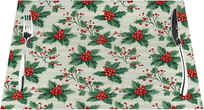 PVC Placemats Set of 1 Wipeable Table Mats Washable Heat Resistant Non Slip Vinyl Dining Table Mat for Kitchen Indoor Outdoor Patio Farmhouse Place Mats Christmas Red Berry Decorative