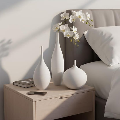 White Ceramic Vase Set of 3, Modern Boho Vases for Centerpiece Decor, Matte Minimalist Decorative White Vases Home Decor, for Living Room, Bookshelf, and Entryway Table Decor