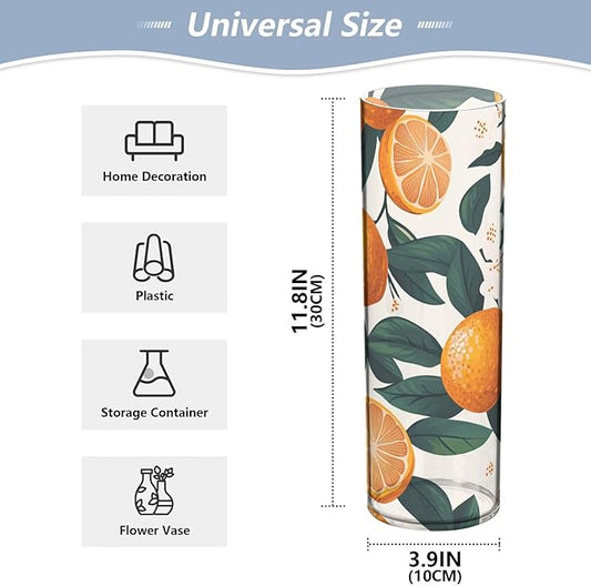 Flower Vase Clear Plastic Cylinder Vases Decor for Centerpieces Home Storage Office Weddings Oranges Fruit and Floral 11.8 x 3.9 in