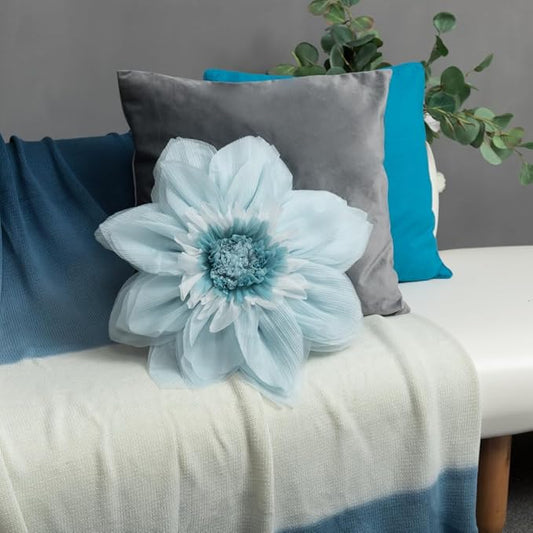 Cute Blue Flower Throw Pillows Decorative Floral Accent Pillowcase with Insert Included Handmade Round Elegant Satin Cushion for Bed Couch Car Bedroom Living Room Farmhouse Home Decor 12 Inch