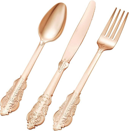 150PCS Rose Gold Plastic Silverware for 50 Guests, Heavy Duty Rose Gold Disposable Utensils Sets, Includes 50 Forks, 50 Spoons, 50 Knives, Elegant Cutlery Perfect for Party, Wedding