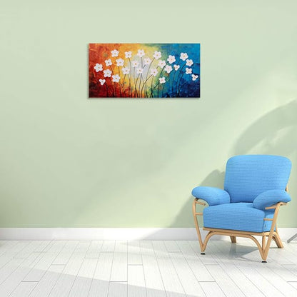 Yihui Arts Hand Painted Textured Flower Canvas Art: Rainbow Hues White Blossoms Abstract Wall Decor for Living Room, Bedroom & Office