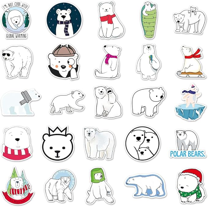 Polar Bear Vinyl Stickers for Teens Boy Girls Kids|50 Pcs|Cartoon Waterproof Stickers for Laptop Phone Tablet Luggage Flasks Water Bottle Notebook Bike Car Bike,Animals Decals Pack(Polar Bear)