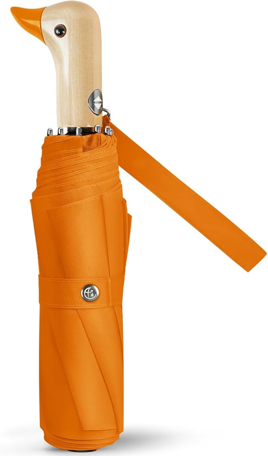 Cute Duck Umbrella Automatic - Compact Pretty Pocket Size Strong Duck Collapsible Umbrella Yellow Wooden Handle for Women