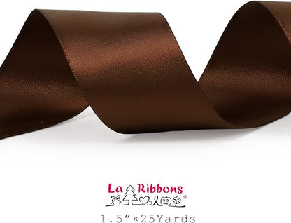 LaRibbons Brown Ribbon 1 1/2 Inch 25 Yards Double Faced Friar Brown Silk Ribbon for Flower Bouquet Crafts Gift Wrapping Wedding Party Decoration