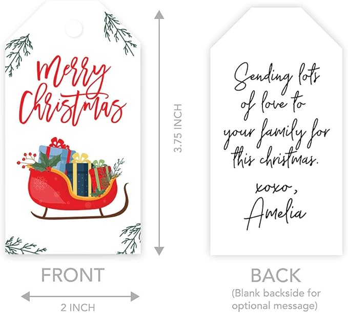 Andaz Press Christmas Holiday Season Classic Gift Tags, Merry Christmas to from Classic Favor Tags, Sleigh with Presents Design, for Holiday Events, Parties, and Favors,60-Pack