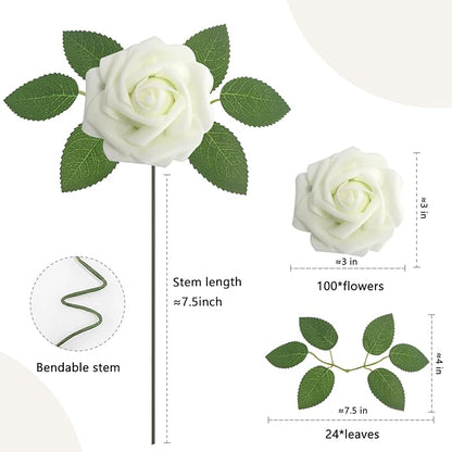 100PCS Artificial Flowers Milk White Roses Real Looking Foam Fake Roses with Leaves and for DIY Wedding Bouquets Bridal Shower Centerpieces Party Decorations (Ivory, 100)