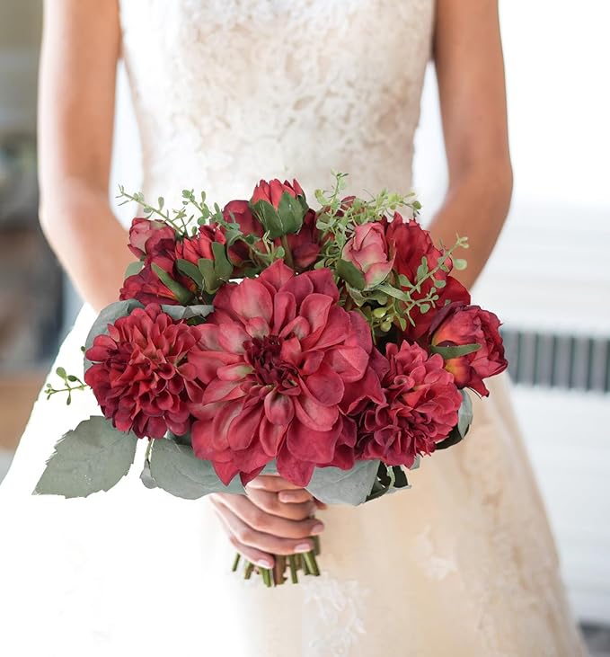 Peonies Artificial Flowers 2 Bouquets Red Dahlia with Peonies 18stems Silk Peonies Flowers with Stems Real Look Fake Dahlia Peonies Flowers Artificial for Decoration for Wedding Bouquet (Red)
