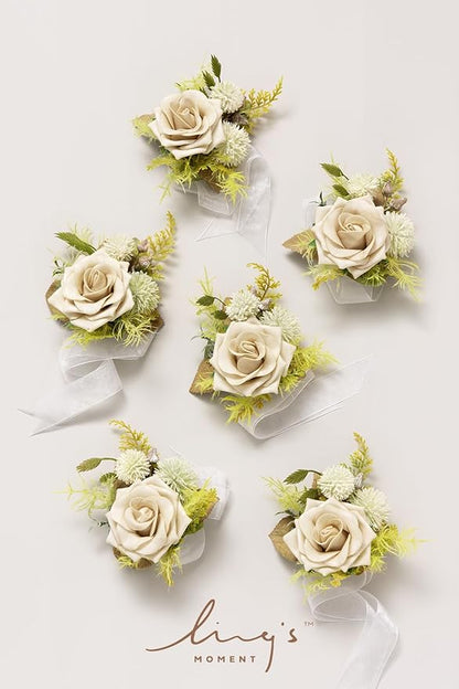 Ling's moment 6pcs Wedding Wrist Corsage Artificial Flowers, Girl/Mother Homecoming Prom Corsages Wristlet Décor, etc. Emerald Green Beige
