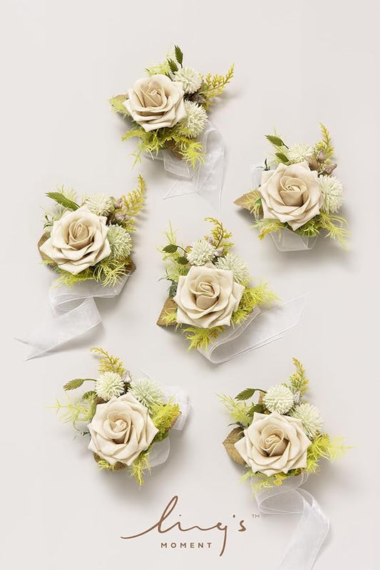 Ling's moment 6pcs Wedding Wrist Corsage Artificial Flowers, Girl/Mother Homecoming Prom Corsages Wristlet Décor, etc. Emerald Green Beige