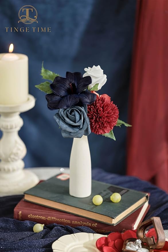 TINGE TIME Artificial Flowers Combo Mix Silk Flowers Navy Blue Roses w/stem for DIY Wedding Bridal Bouquets Baby Shower Floral Arrangement Table Centerpieces Home Decorations (Red & Navy Blue & White)